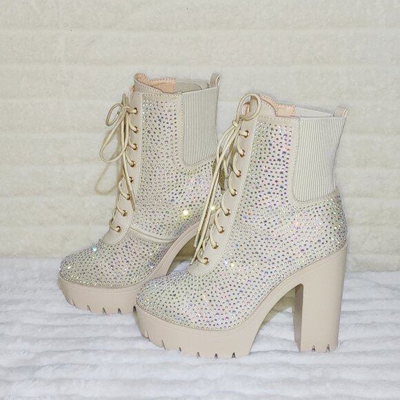 Elegant Beige Rhinestone Ankle Boots - Picture 14 of 14